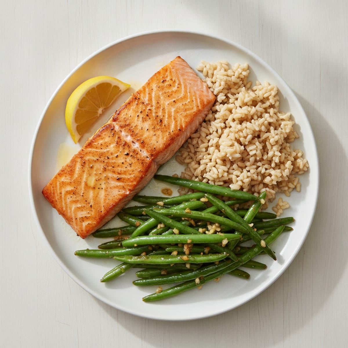 Seared Salmon with Garlic Green Beans and Brown Rice