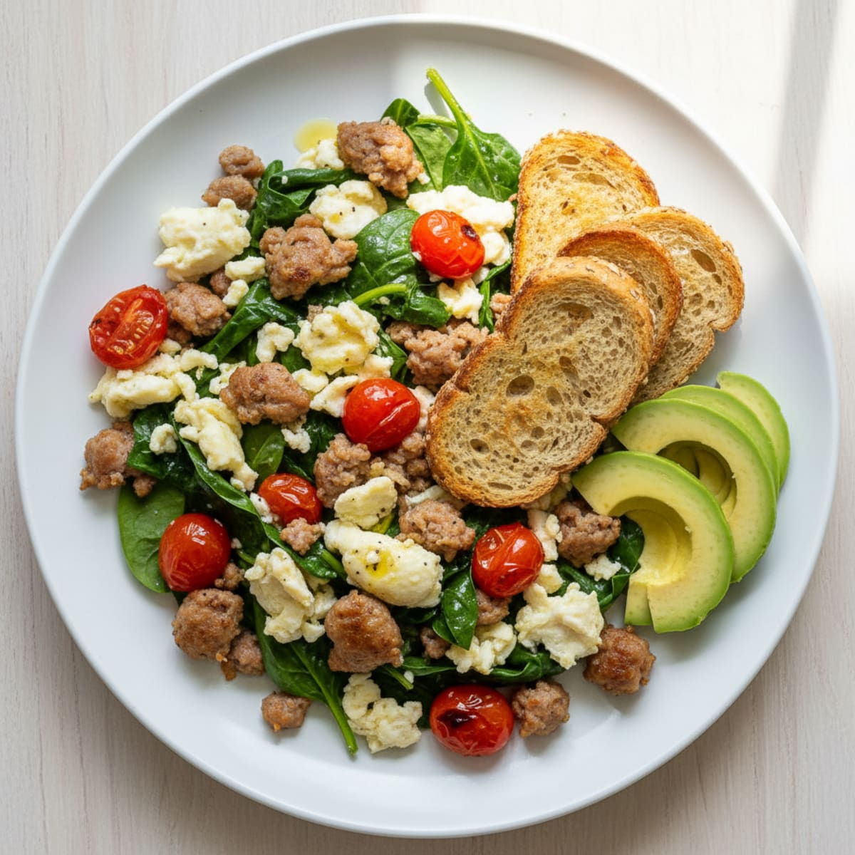 Egg White and Turkey Sausage Scramble with Spinach and Tomatoes