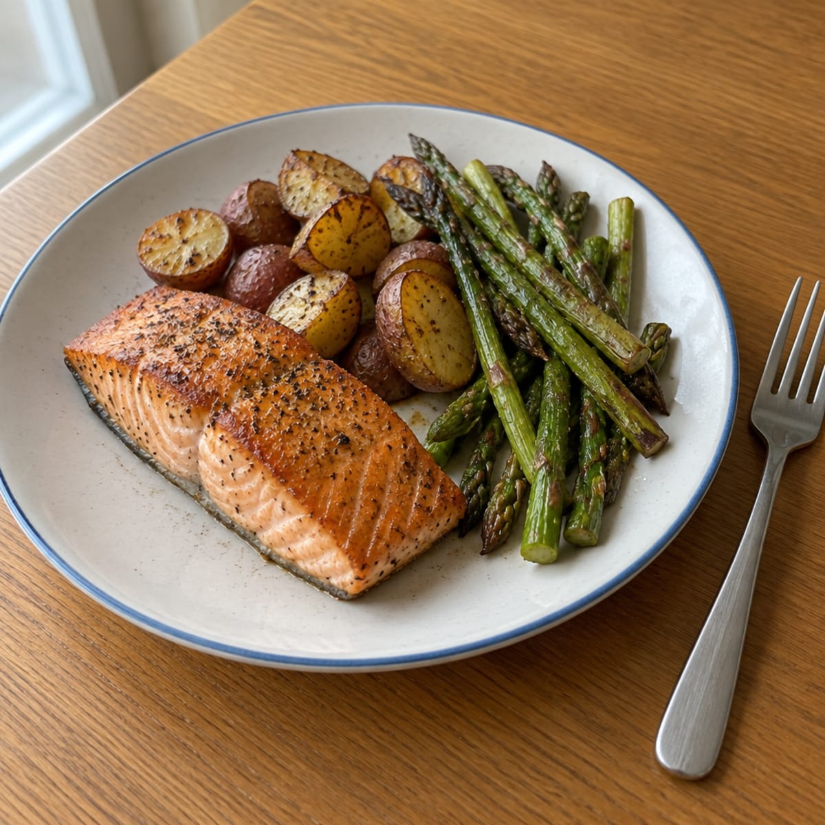 Pan-seared salmon with roasted asparagus