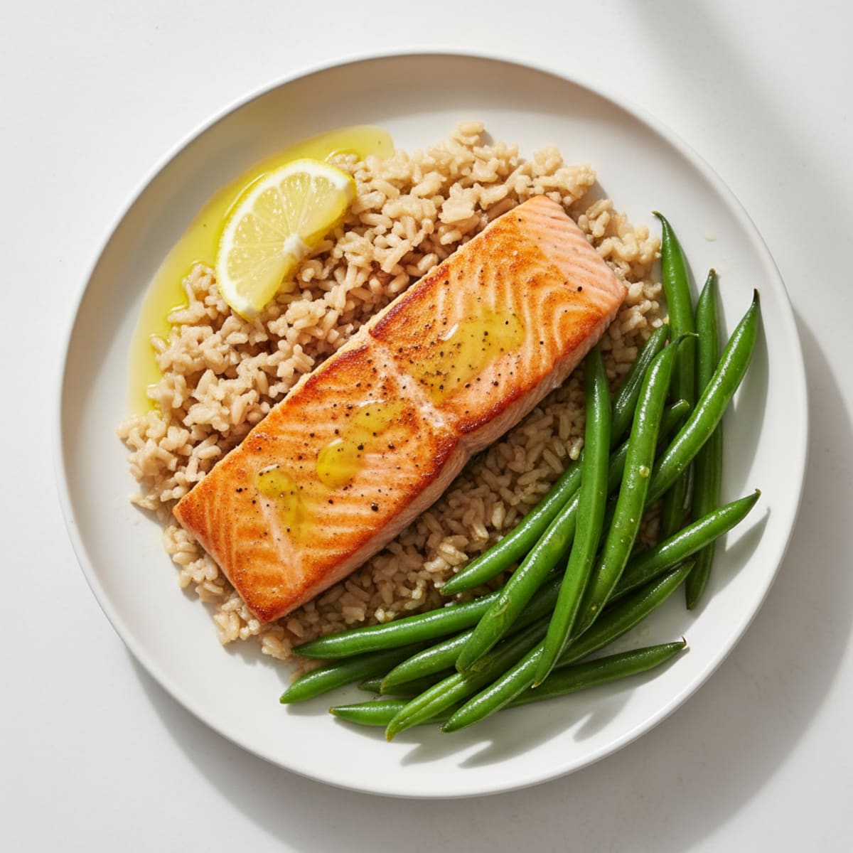 Seared Salmon with Steamed Green Beans and Brown Rice