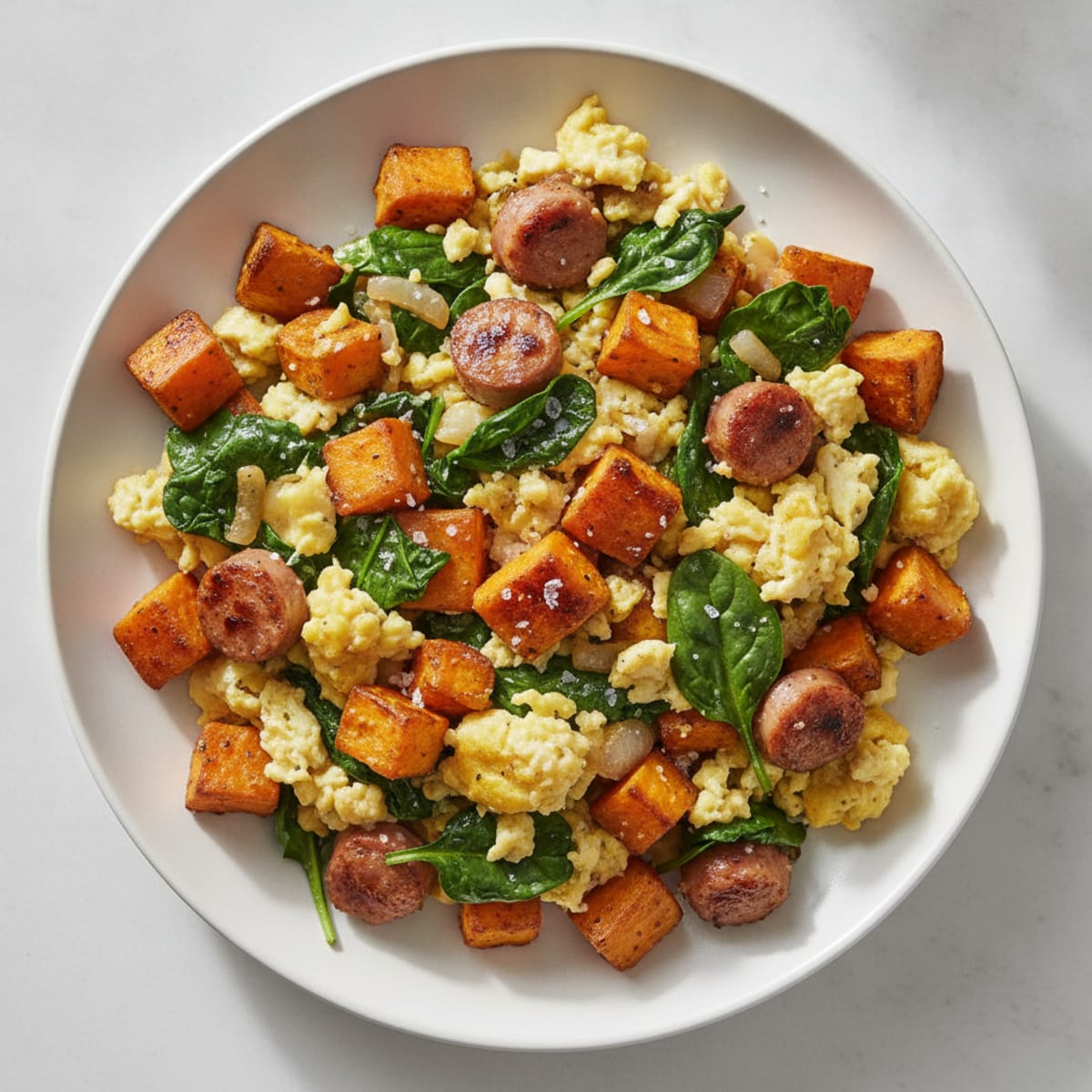 Crispy Chicken Sausage Egg Scramble with Spinach and Sweet Potato