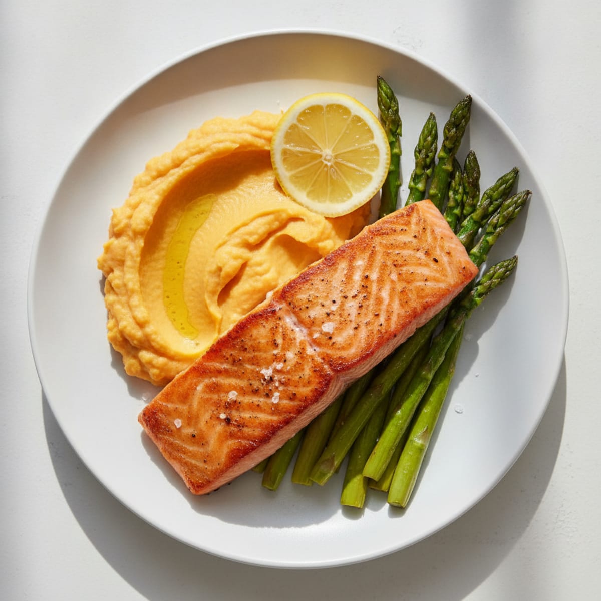 Seared Salmon Fillet with Roasted Asparagus and Sweet Potato Mash