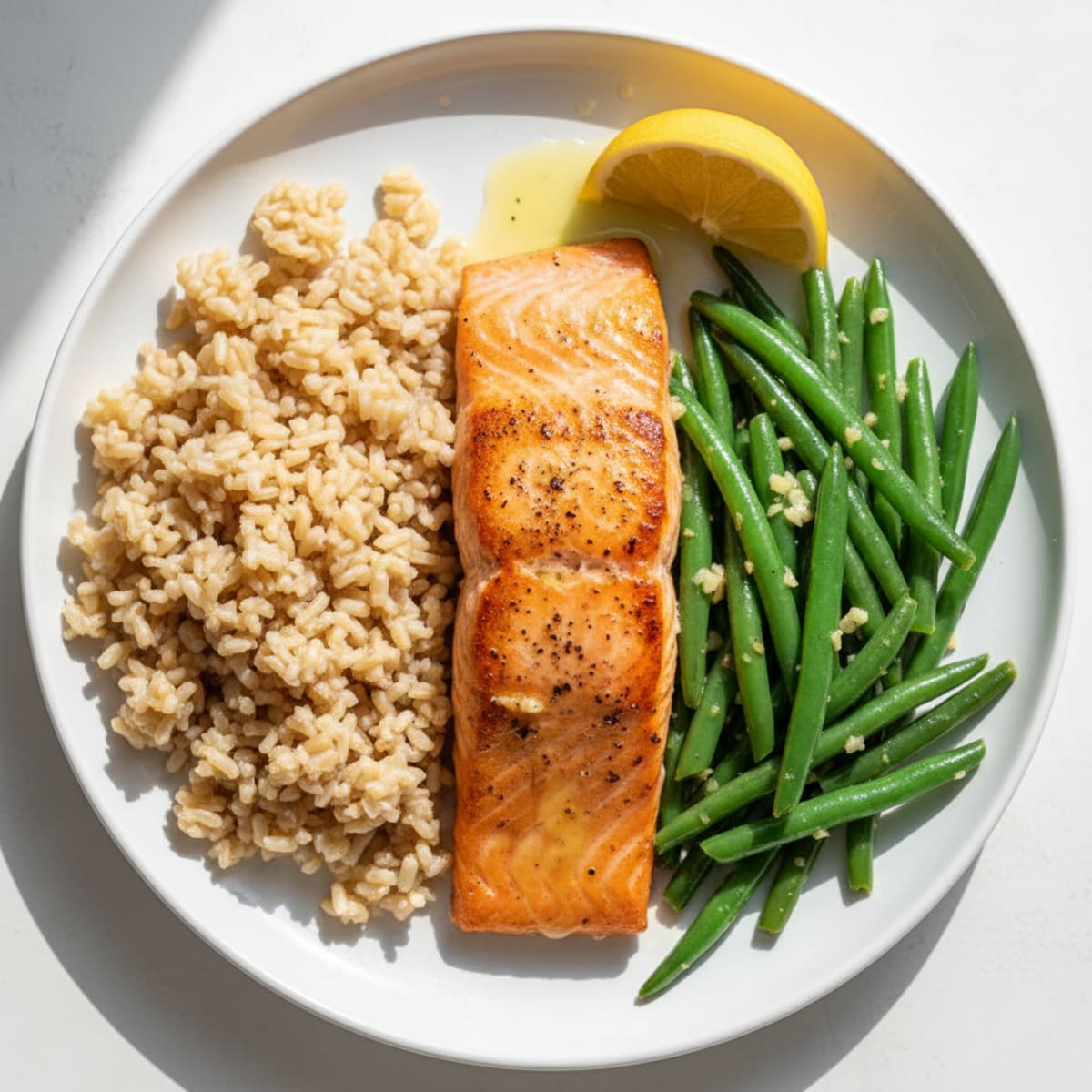 Seared Salmon Fillet with Garlic Green Beans and Brown Rice