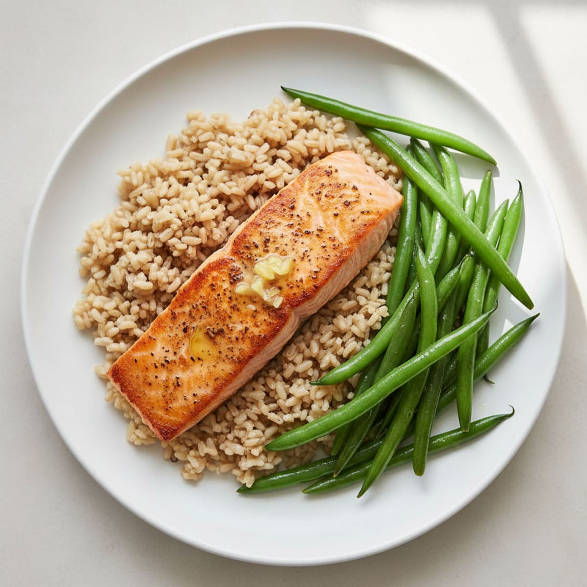 Seared Salmon Fillet with Steamed Green Beans and Brown Rice