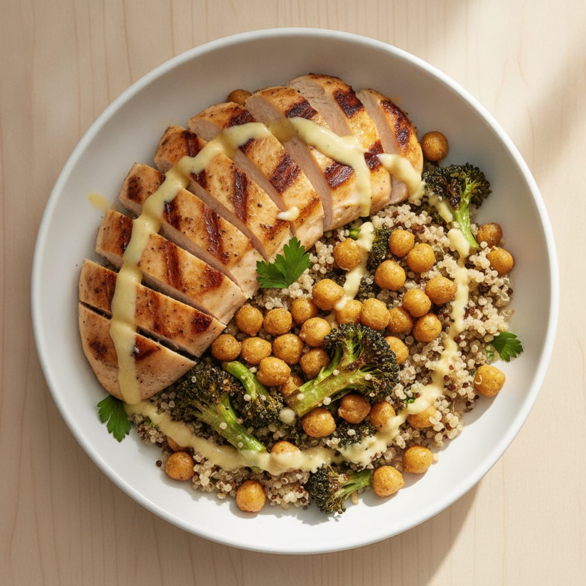 Grilled Chicken and Quinoa Bowl with Roasted Broccoli and Chickpeas