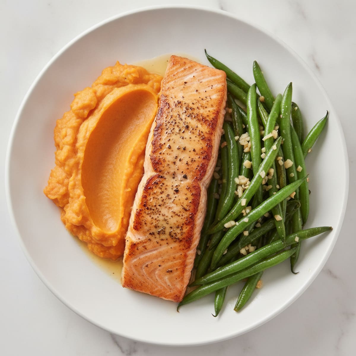 Seared Salmon with Garlic Green Beans and Sweet Potato Mash