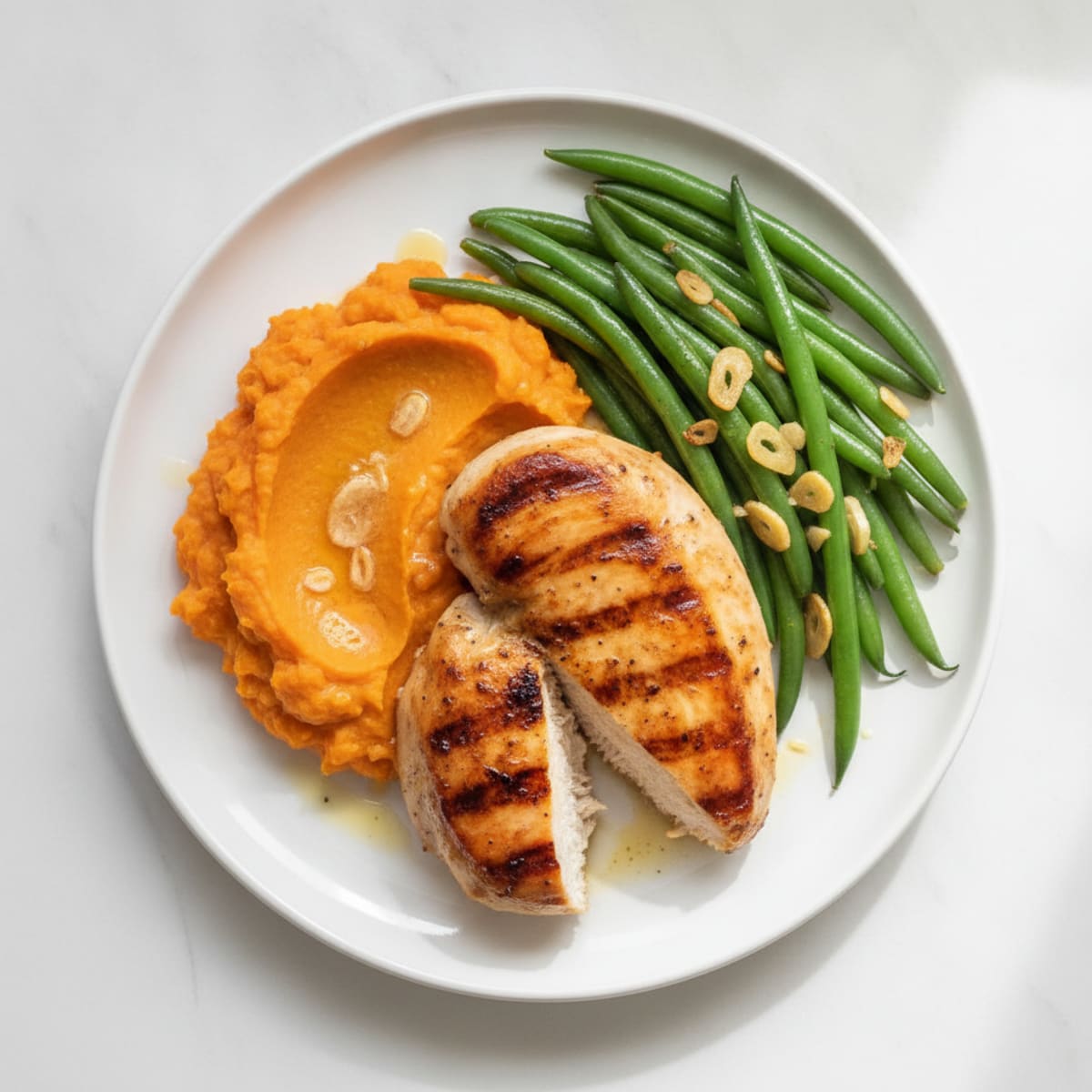 Seared Chicken Breast with Garlic Green Beans and Sweet Potato Mash
