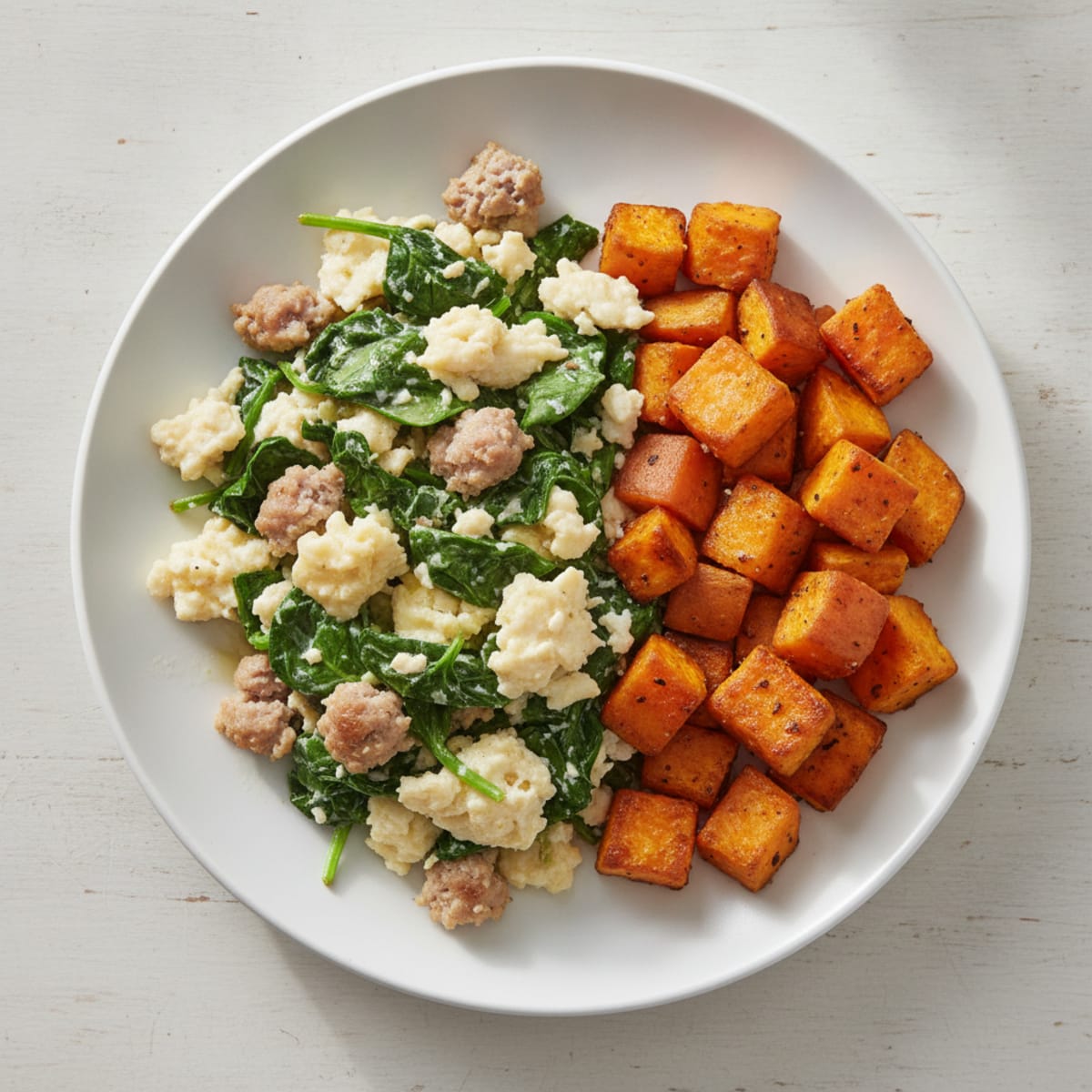 Egg White and Turkey Sausage Scramble with Spinach and Roasted Sweet Potatoes