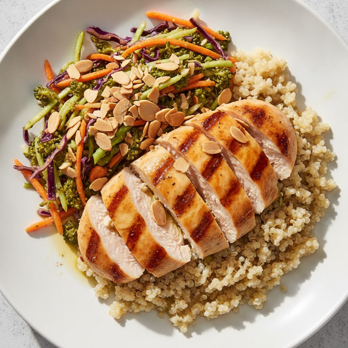 Grilled Chicken Breast with Crunchy Broccoli Slaw and Quinoa