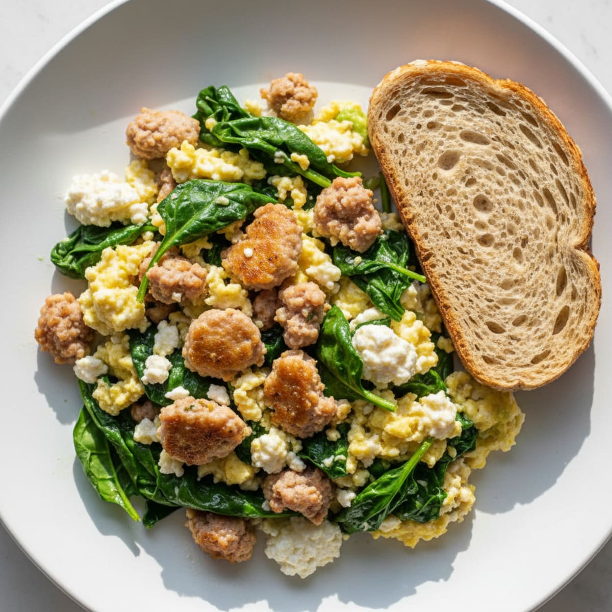 Egg White and Turkey Sausage Scramble with Cottage Cheese and Spinach