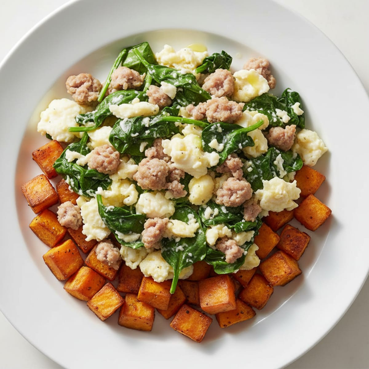 Egg White and Turkey Sausage Scramble with Spinach and Roasted Sweet Potatoes