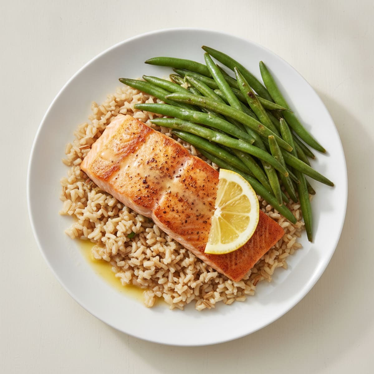Seared Salmon with Steamed Green Beans and Brown Rice