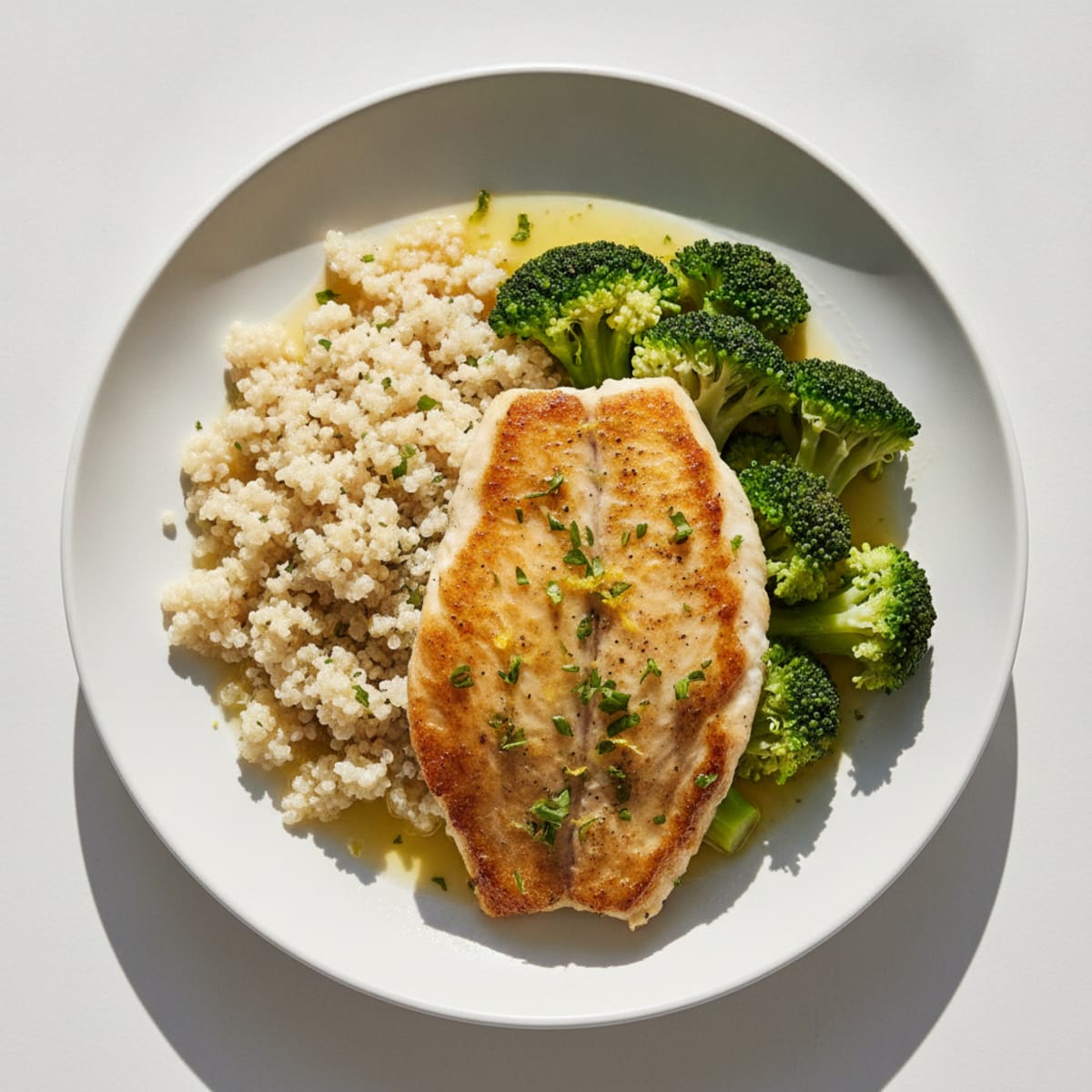 Seared Tilapia with Steamed Broccoli and Quinoa