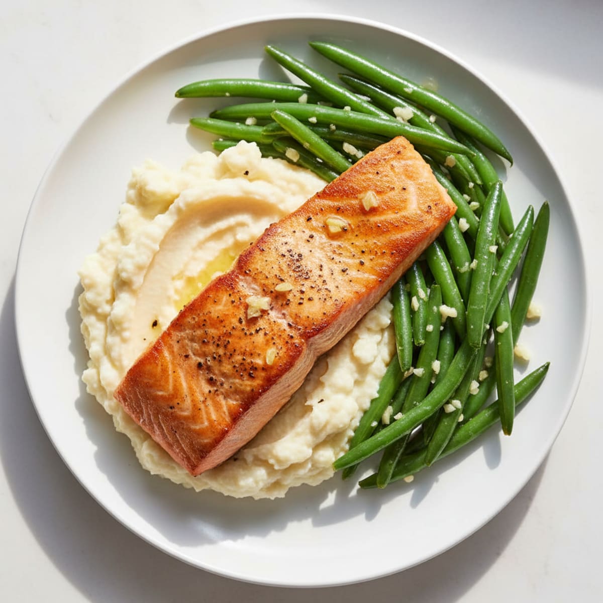 Seared Salmon Fillet with Garlicky Green Beans and Mashed Cauliflower