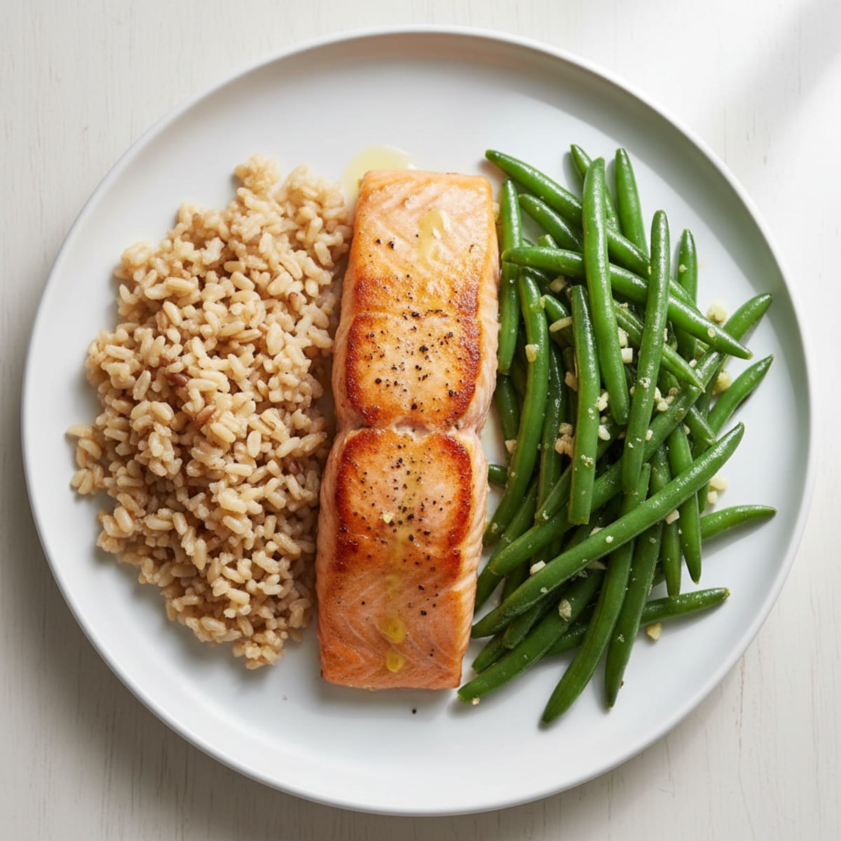 Seared Salmon Fillet with Garlic Green Beans and Brown Rice