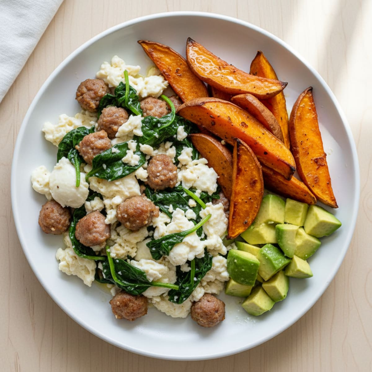 Egg White Scramble with Turkey Sausage and Sautéed Spinach
