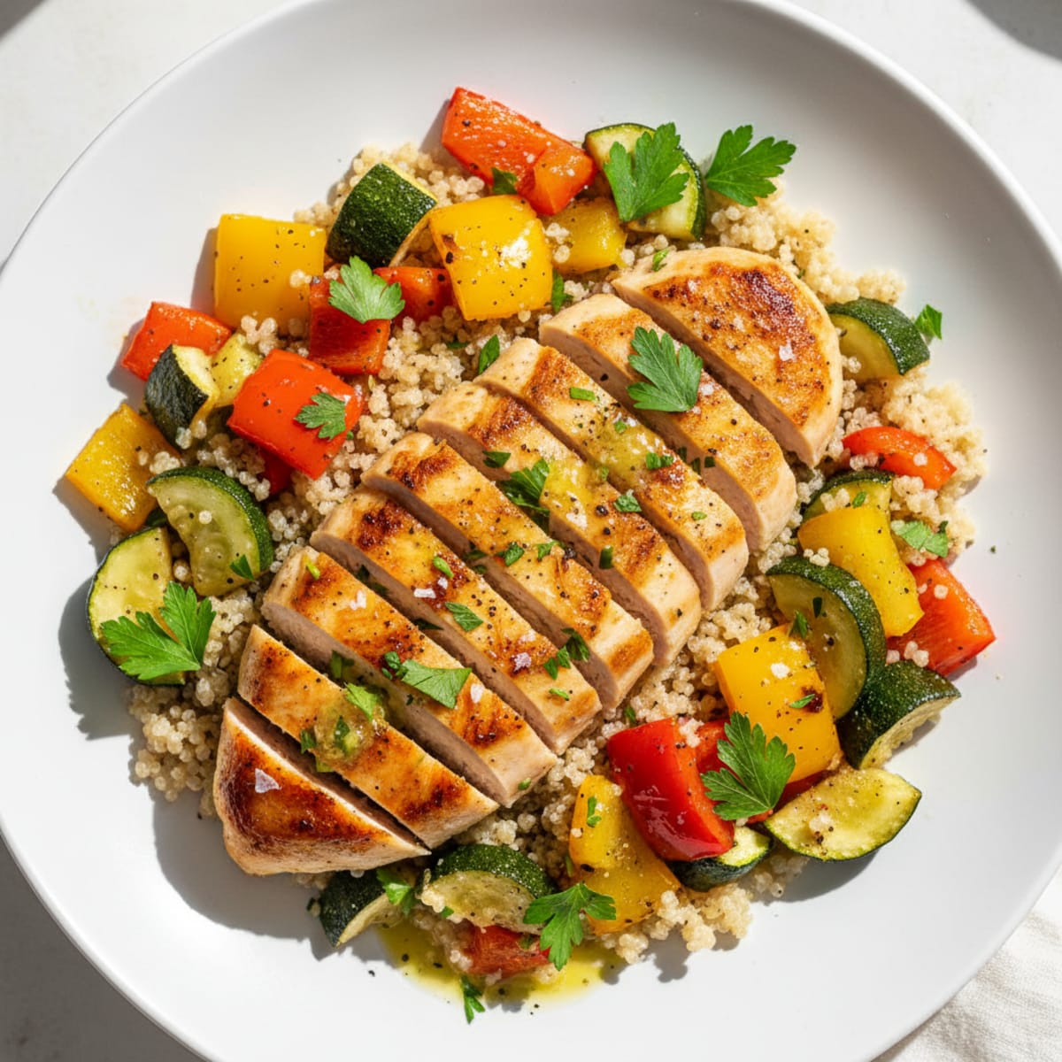 Mediterranean Chicken and Roasted Vegetable Quinoa Bowl