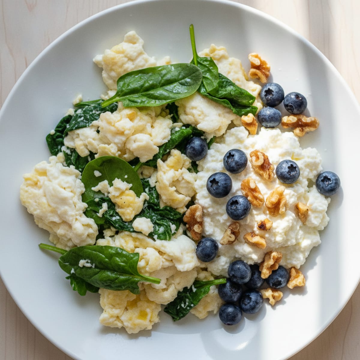 Egg White and Spinach Scramble with Cottage Cheese and Berries