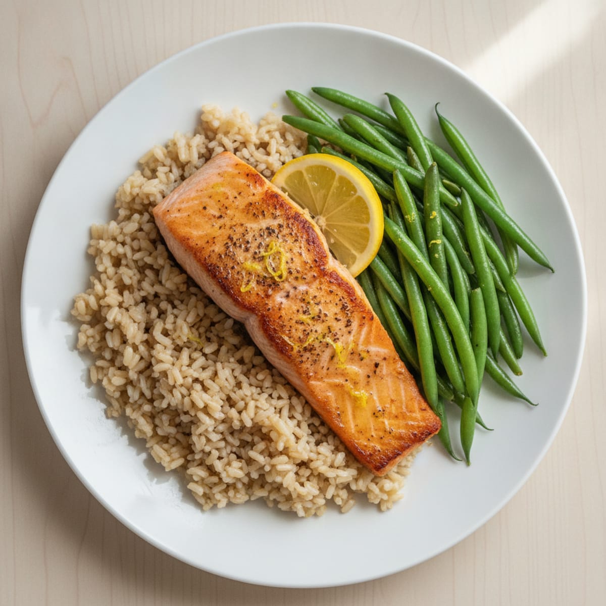 Seared Salmon Fillet with Steamed Green Beans and Brown Rice