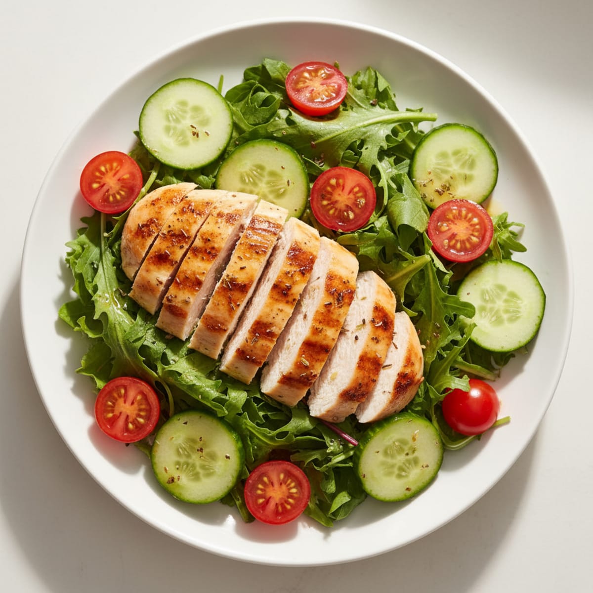 Grilled Chicken Breast Salad with Cucumber and Cherry Tomatoes