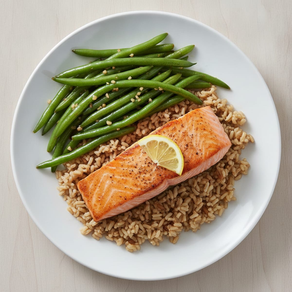 Seared Salmon Fillet with Garlic Green Beans and Brown Rice