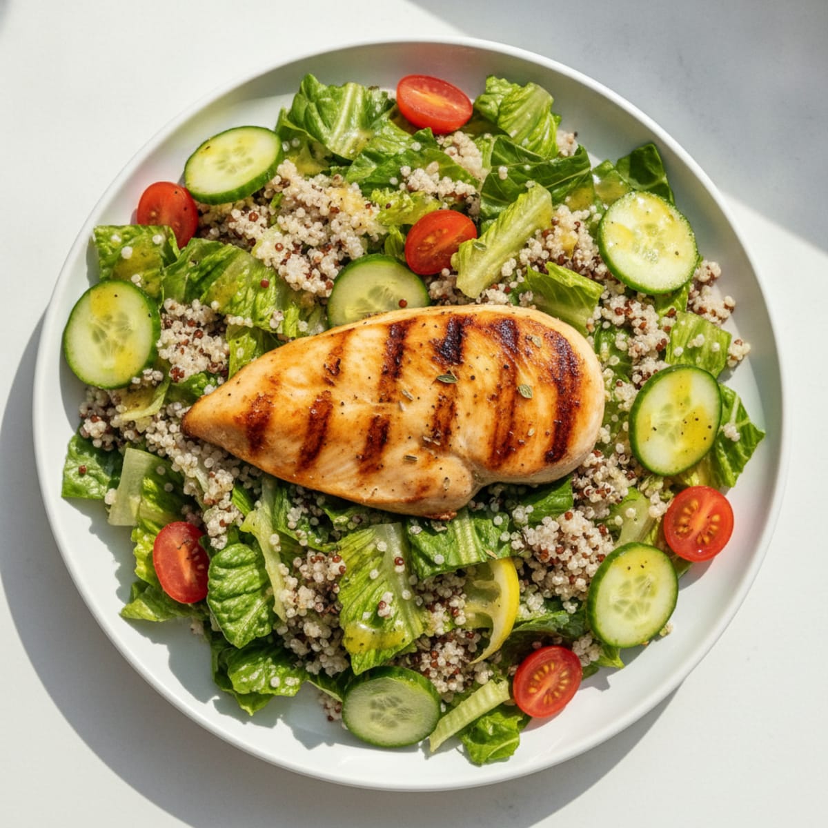 Grilled Chicken Breast with Crisp Romaine and Quinoa Salad