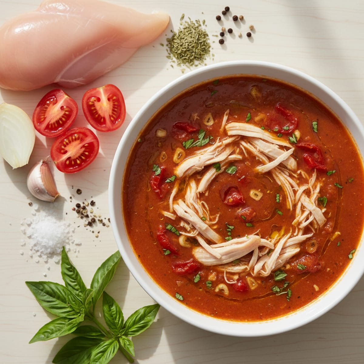 Roasted Tomato Basil Soup with Shredded Chicken