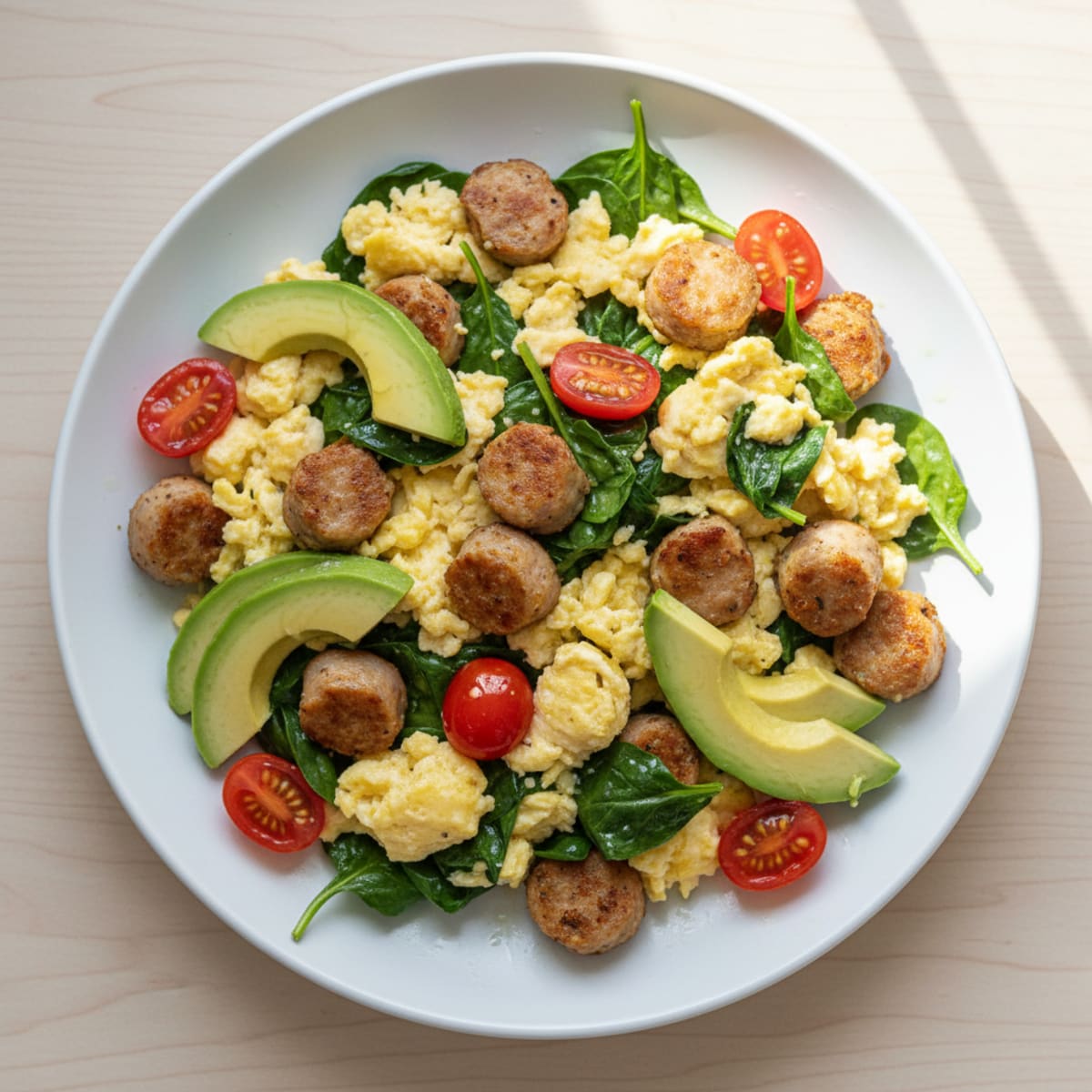Scrambled Eggs with Chicken Sausage and Sautéed Greens