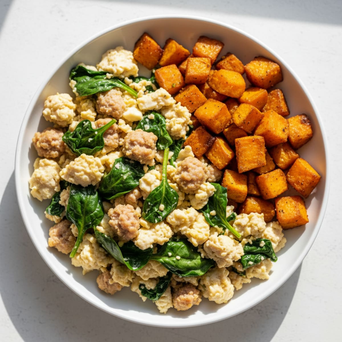 Egg White and Turkey Sausage Scramble with Spinach and Roasted Sweet Potato