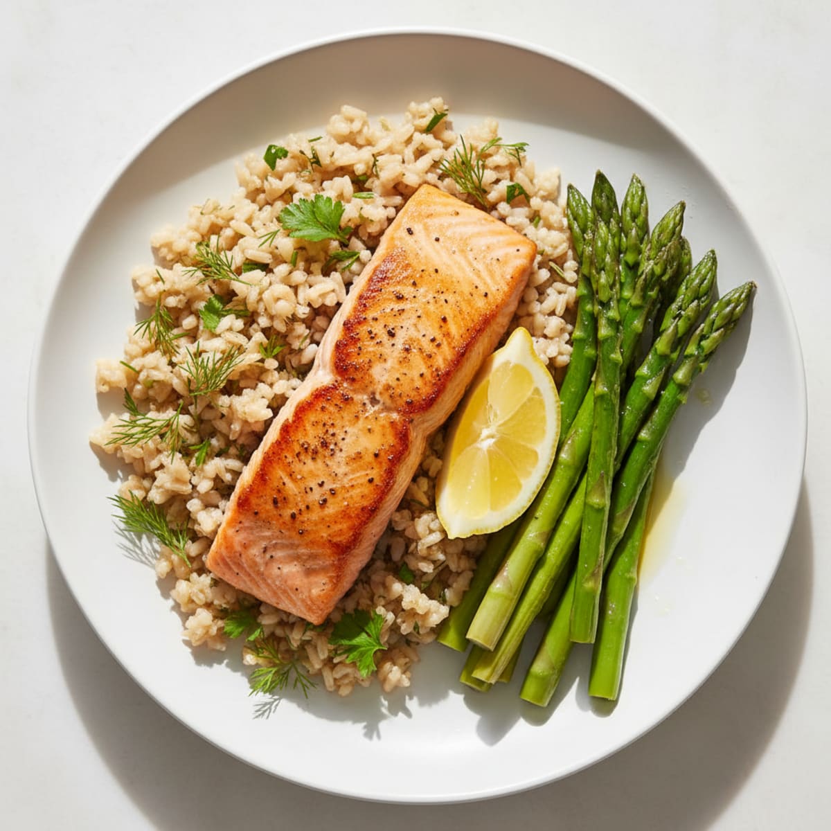 Seared Salmon with Steamed Asparagus and Herb Rice