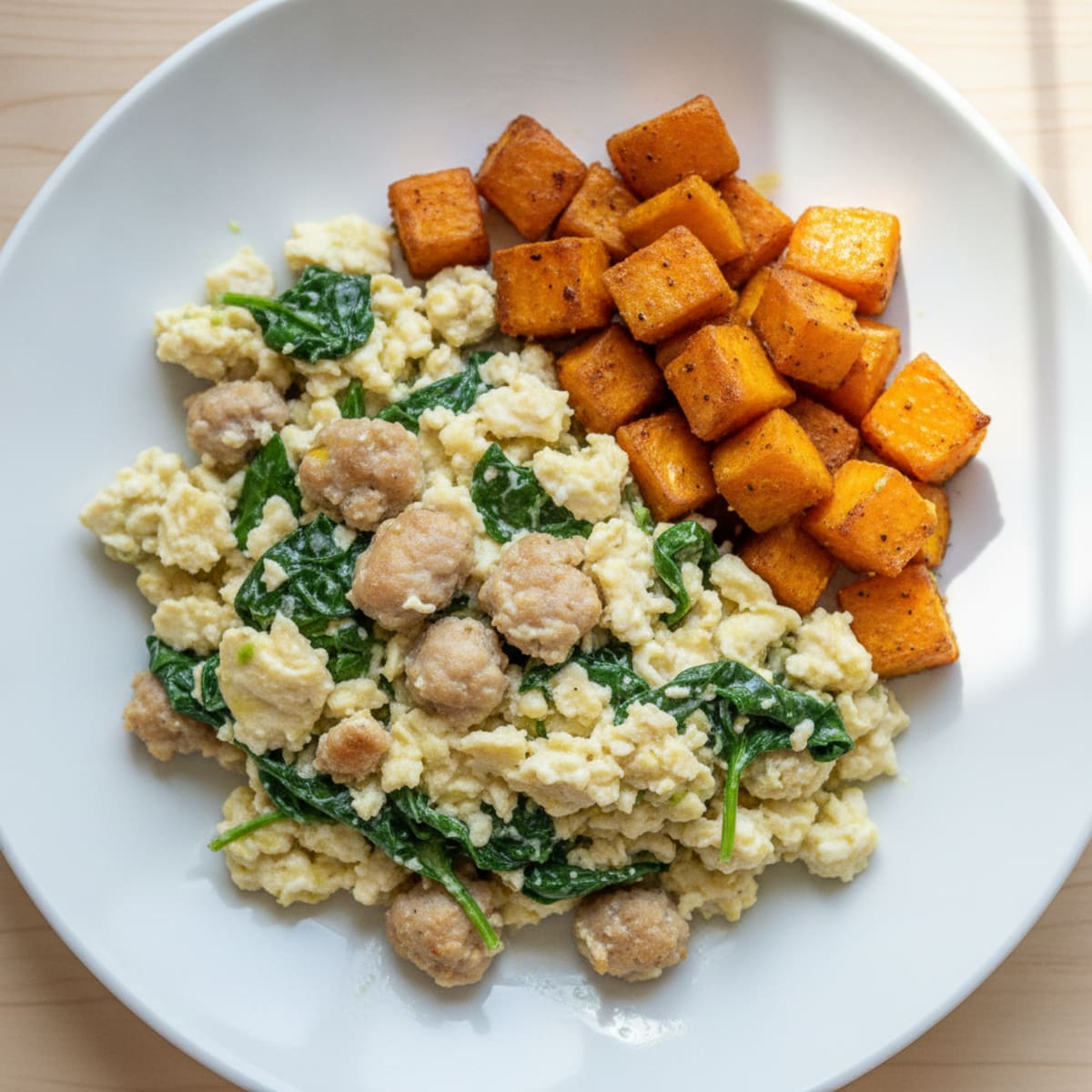 Egg White and Turkey Sausage Scramble with Spinach and Roasted Sweet Potatoes