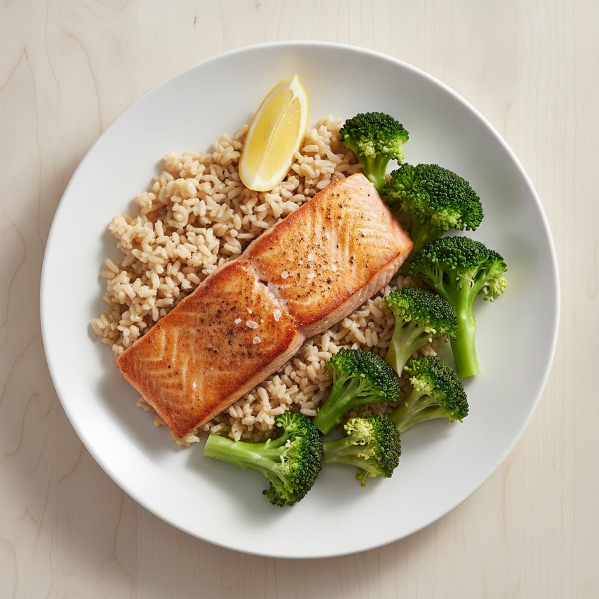 Seared Salmon with Steamed Broccoli and Brown Rice