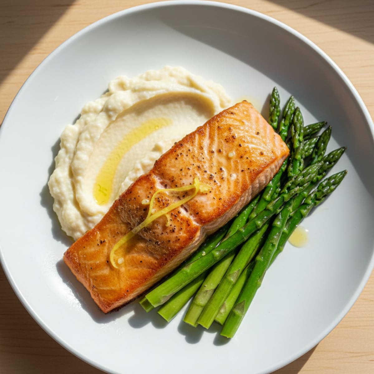 Seared Salmon with Steamed Asparagus and Garlic Cauliflower Mash