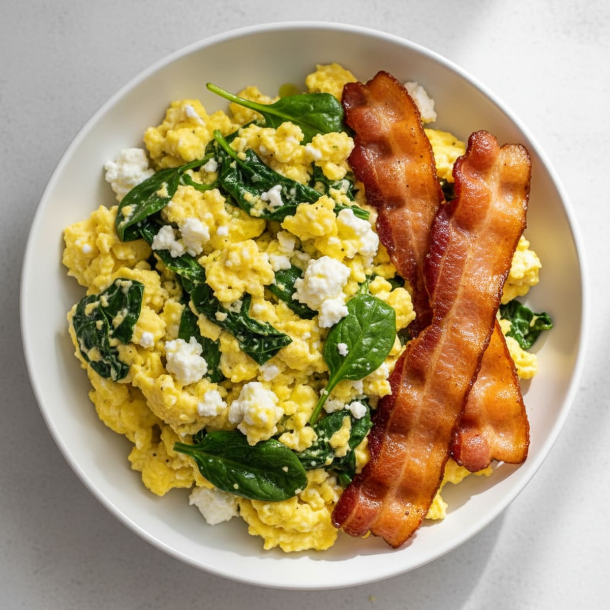 Cottage Cheese Egg Scramble with Spinach and Turkey Bacon