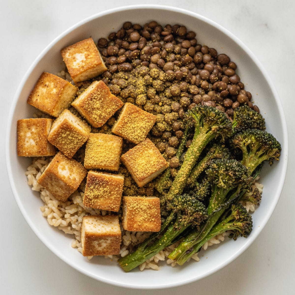 Seared Tofu and Lentil Power Bowl with Roasted Broccoli and Brown Rice