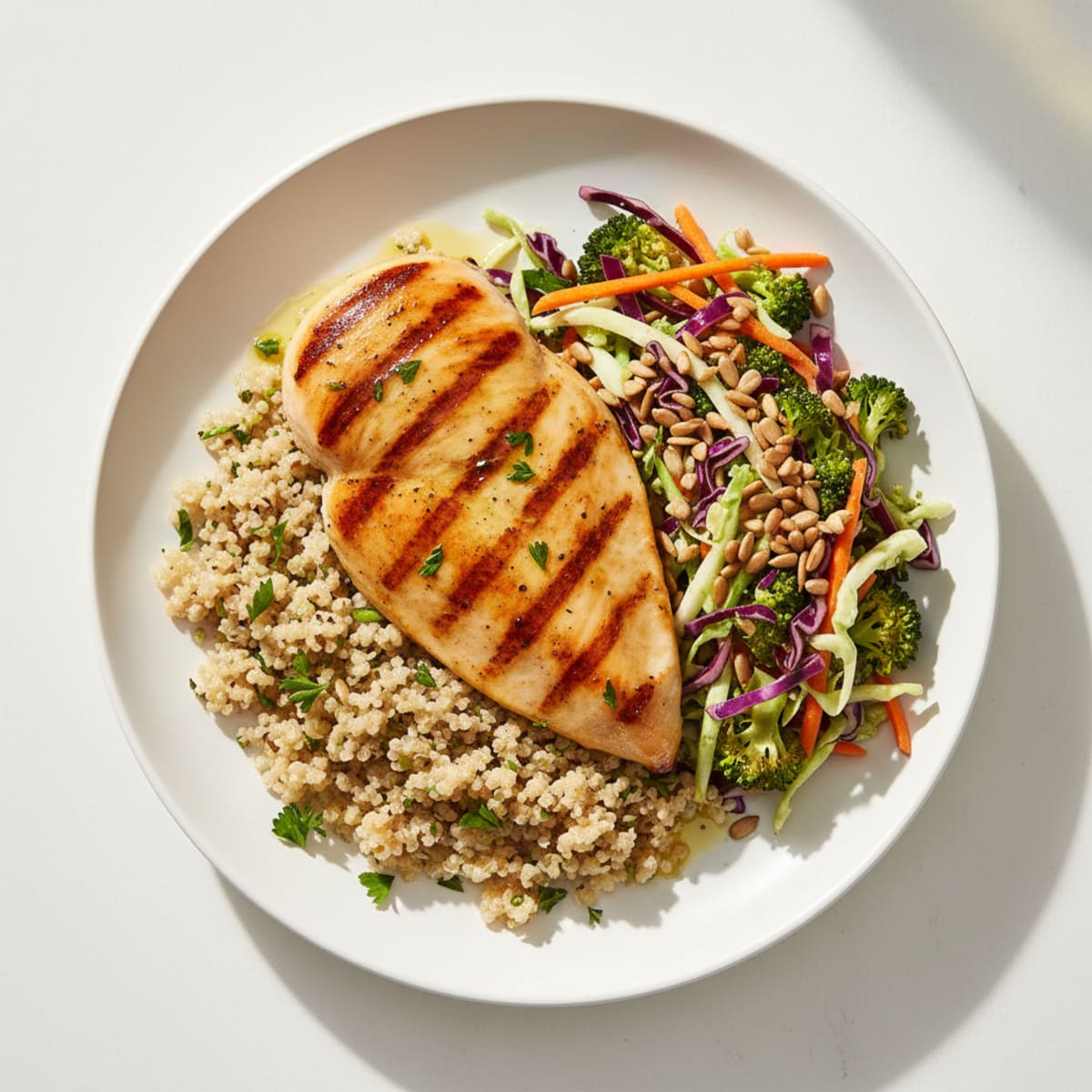 Grilled Chicken Breast with Quinoa and Crunchy Broccoli Slaw