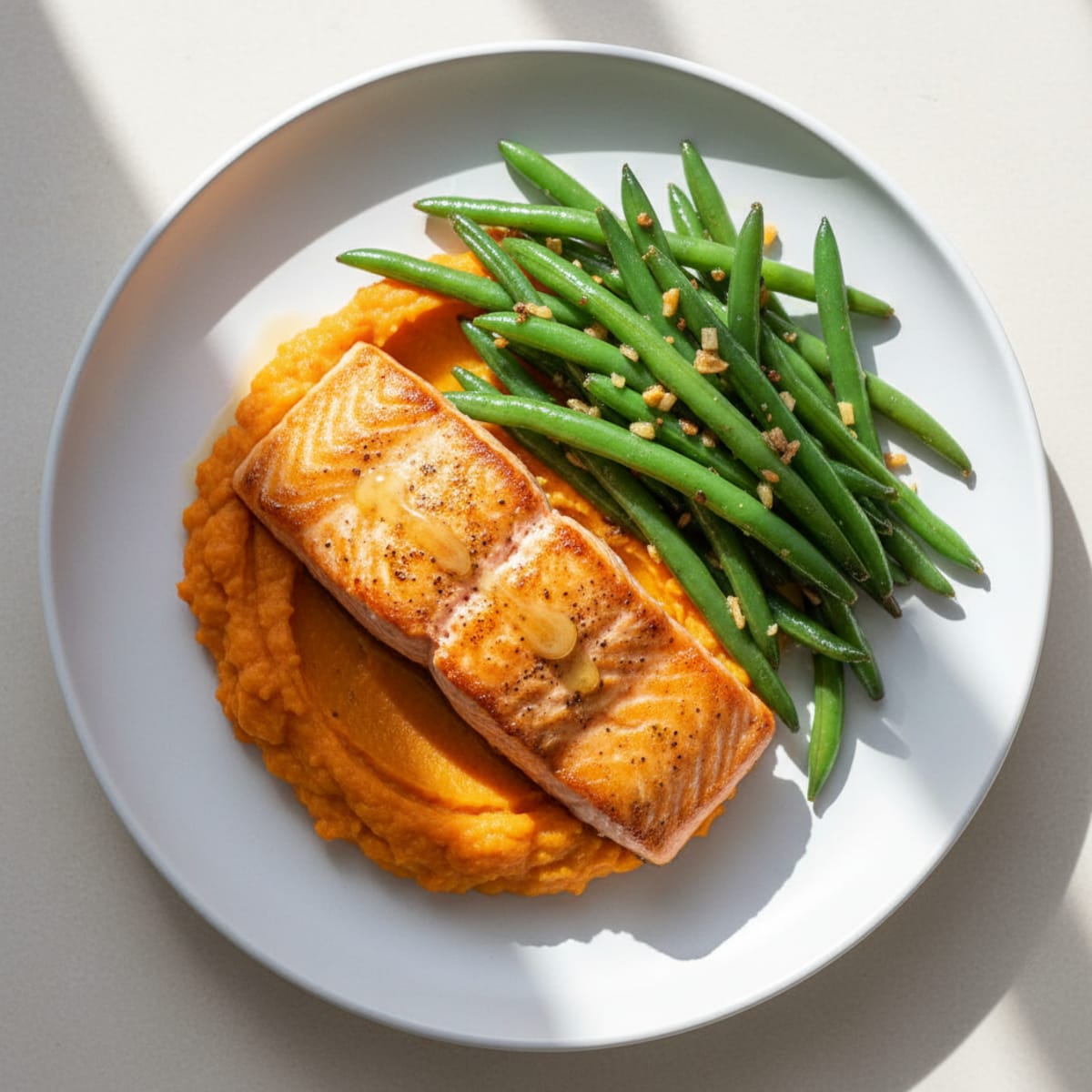 Seared Salmon with Garlic Green Beans and Sweet Potato Mash