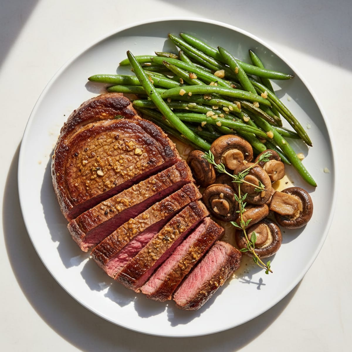 Seared Beef Steak with Garlic Green Beans and Herb Mushrooms