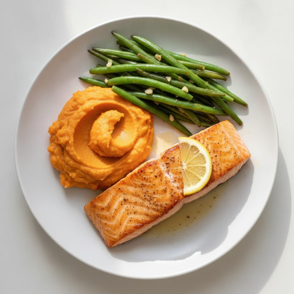 Seared Salmon with Garlic Green Beans and Sweet Potato Mash