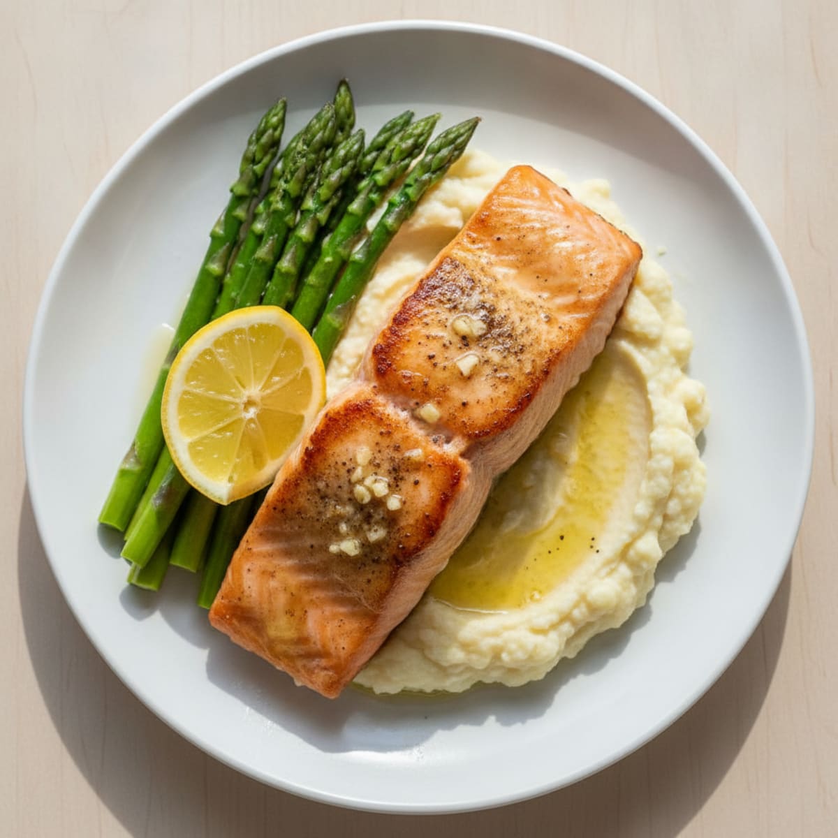 Seared Salmon with Steamed Asparagus and Cauliflower Mash