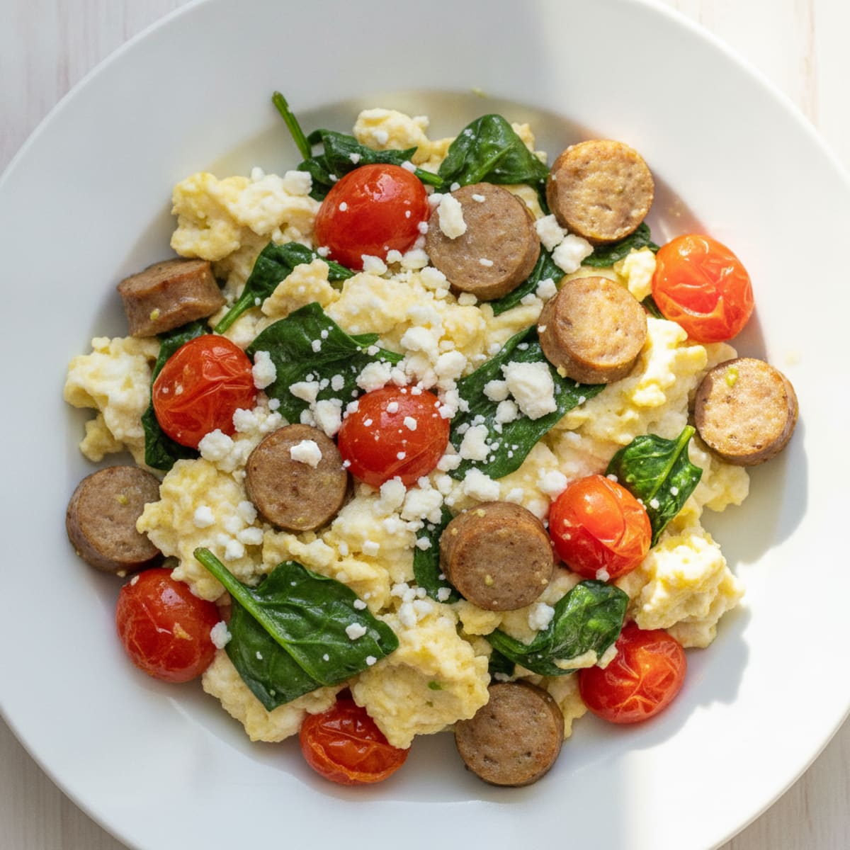 Egg White and Turkey Sausage Scramble with Spinach and Cherry Tomatoes