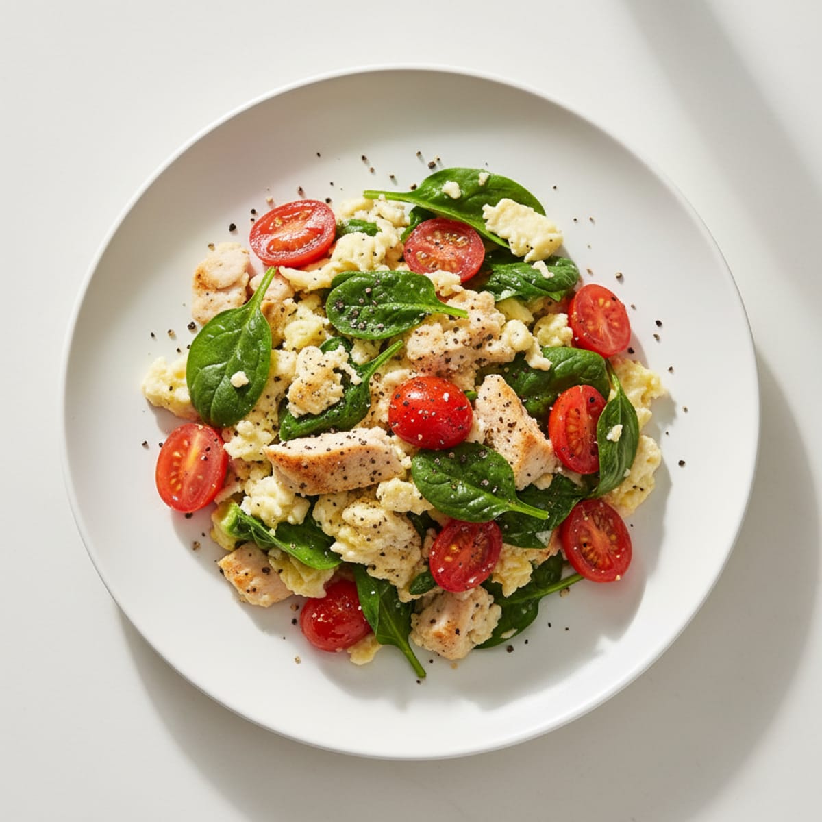 Egg White Spinach Scramble with Turkey and Cherry Tomatoes