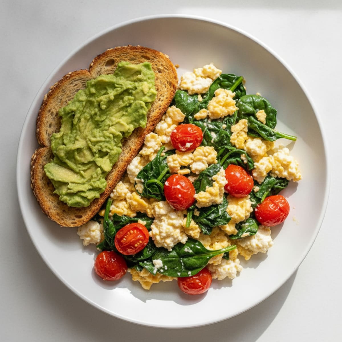 Cottage Cheese Scramble with Sautéed Spinach and Cherry Tomatoes