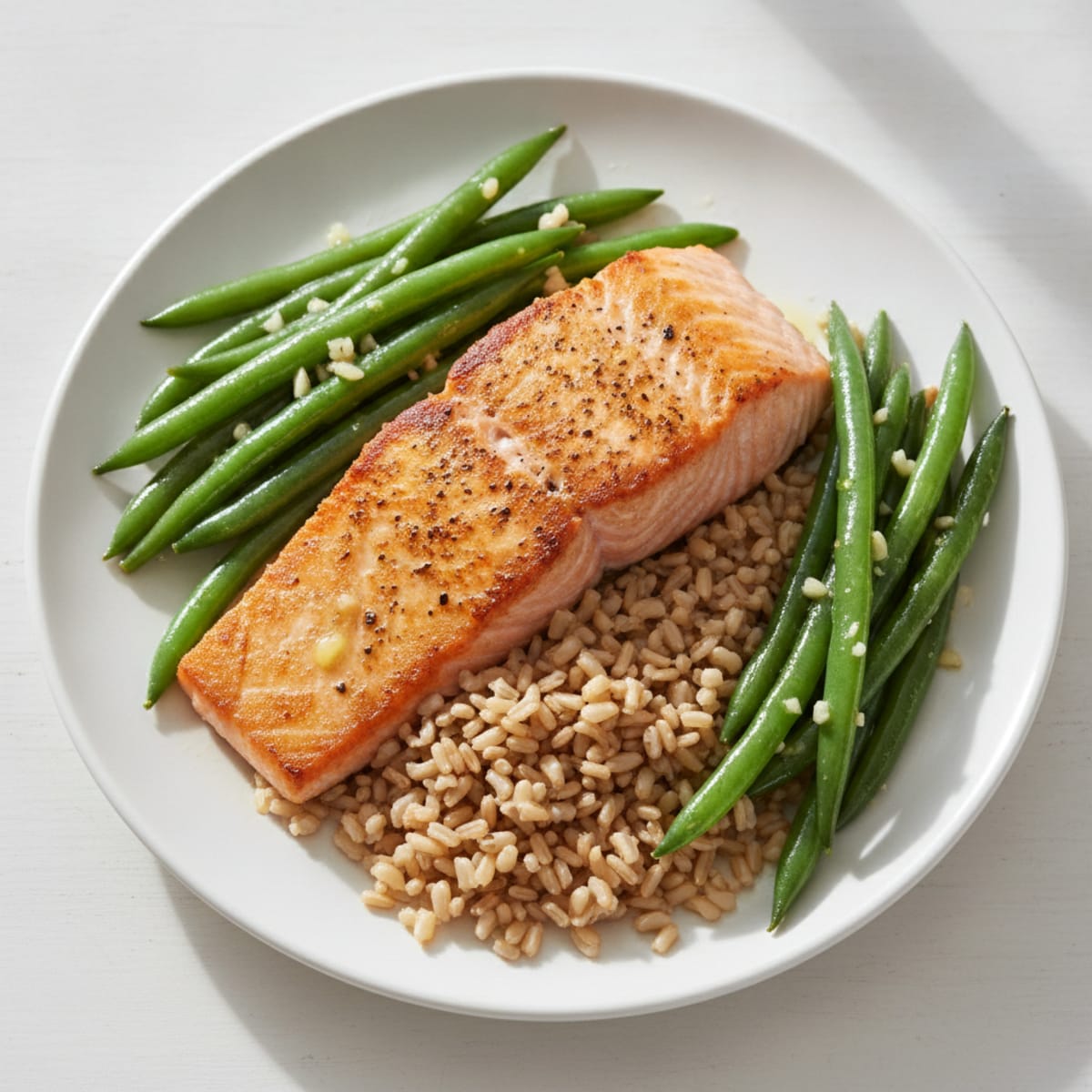 Seared Salmon with Garlic Green Beans and Brown Rice