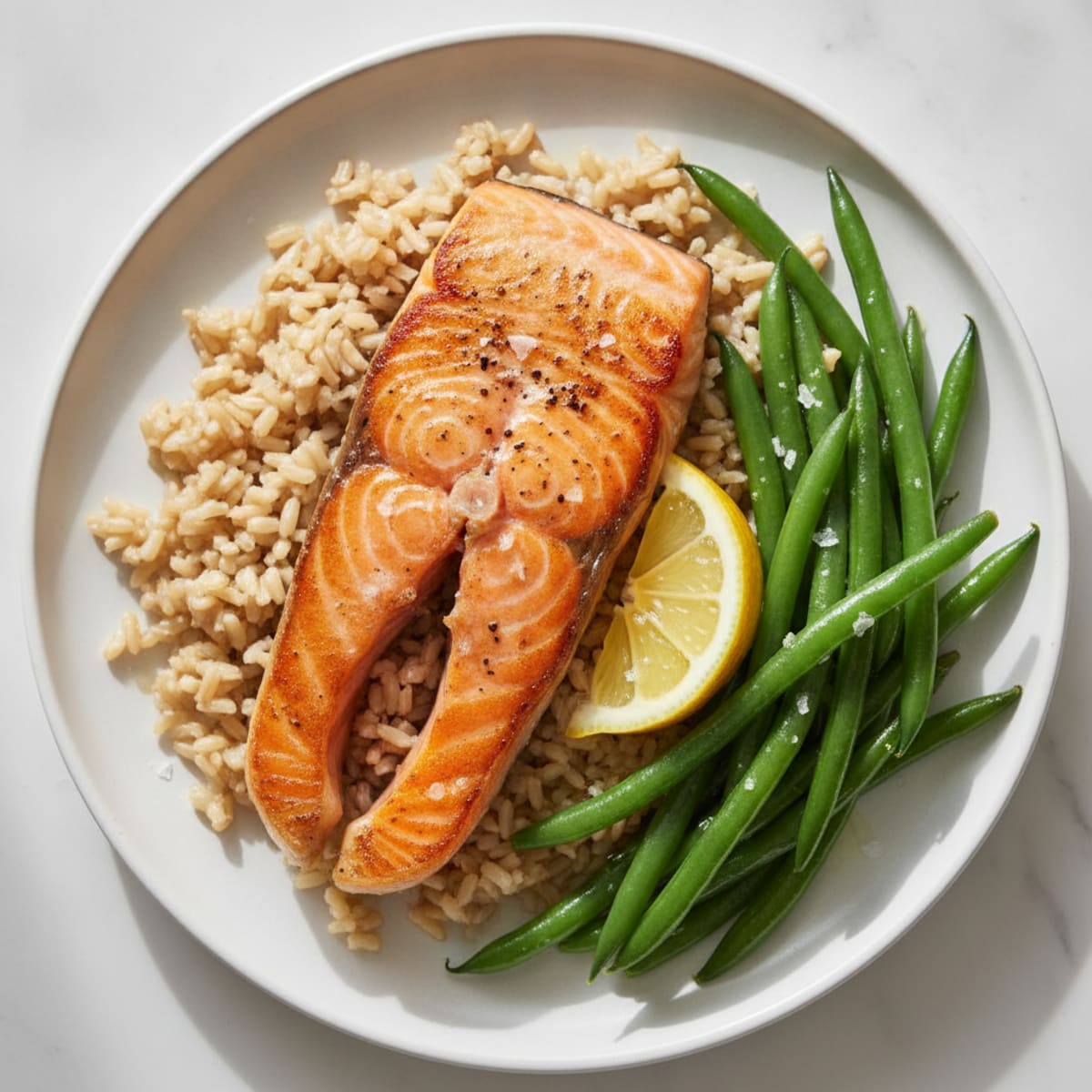 Seared Salmon Fillet with Steamed Green Beans and Brown Rice