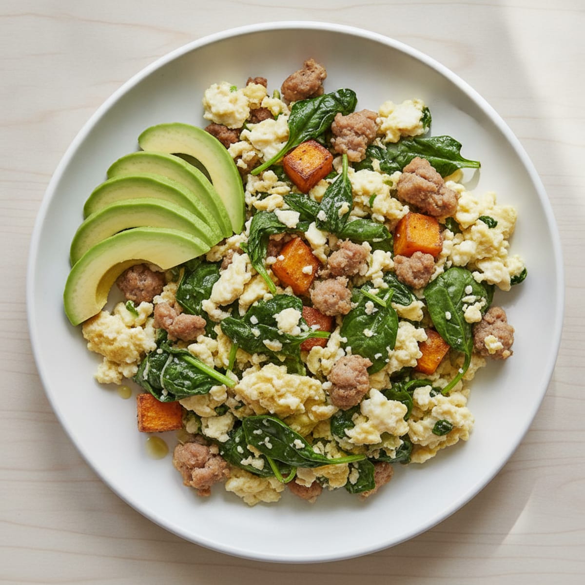 Egg White Scramble with Turkey Sausage and Sautéed Spinach
