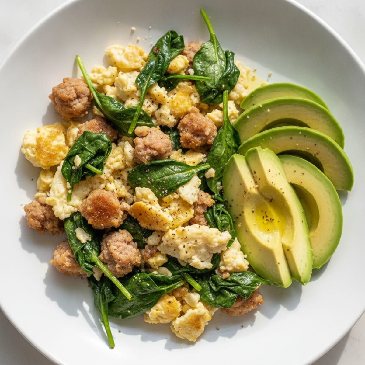 Egg White Scramble with Turkey Sausage and Sautéed Spinach
