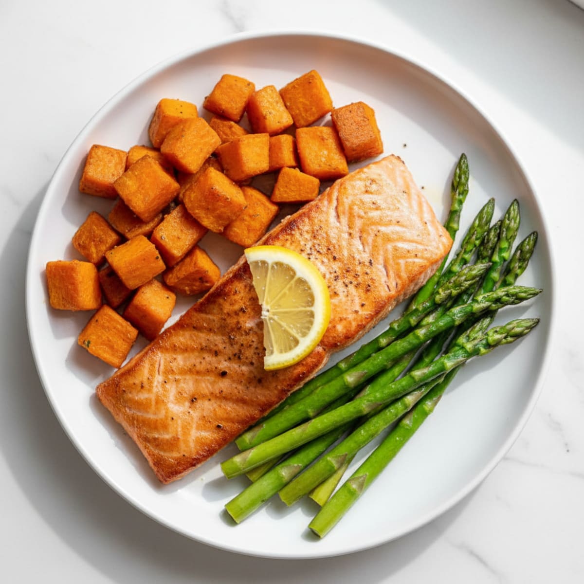 Seared Salmon Fillet with Roasted Sweet Potato and Asparagus