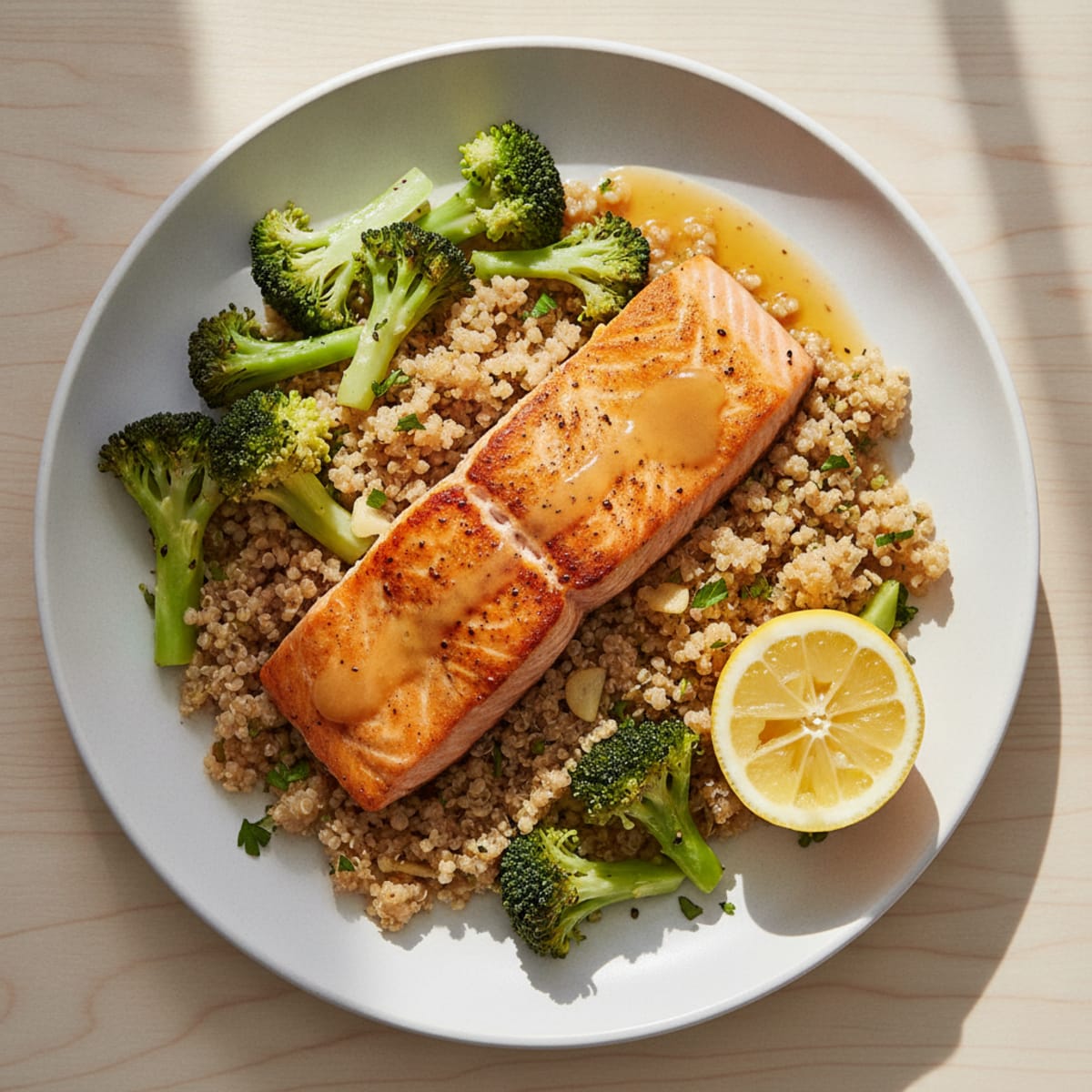 Seared Salmon Fillet with Steamed Broccoli and Garlic Quinoa