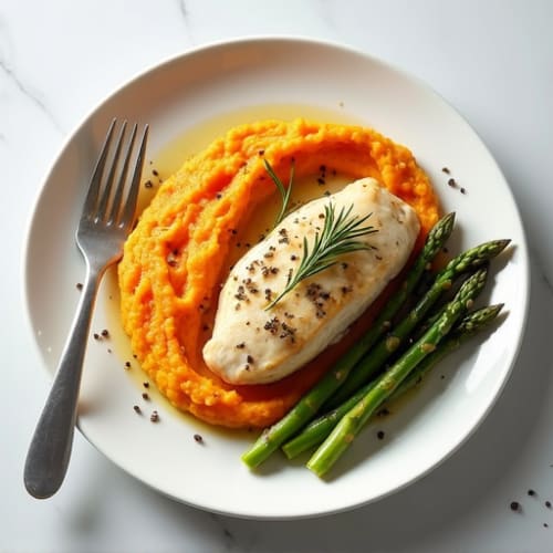 Herb-Roasted Chicken Breast with Asparagus and Sweet Potato Mash